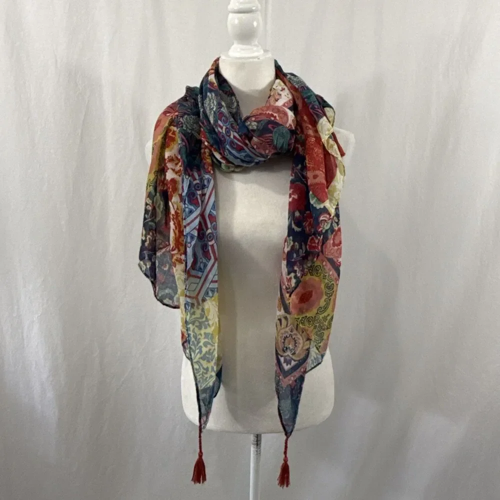Patchwork Artsy Tassel Floral Boho Scarf Wrap Womens O/S Lagenlook Festival